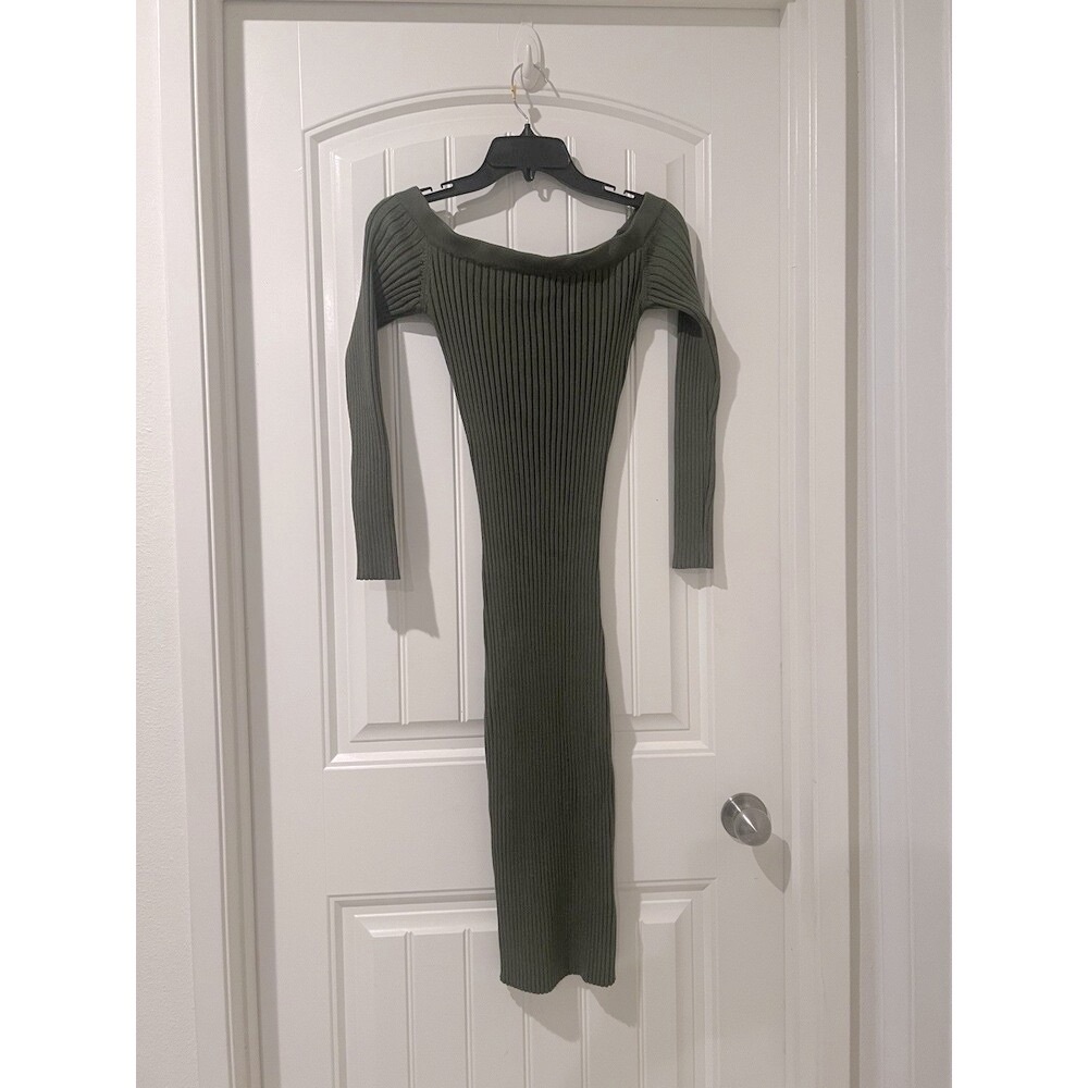 Rehab Dark Green Off-shoulder Long Sleeve Midi BodyCon Knit Sweater Dress Size S